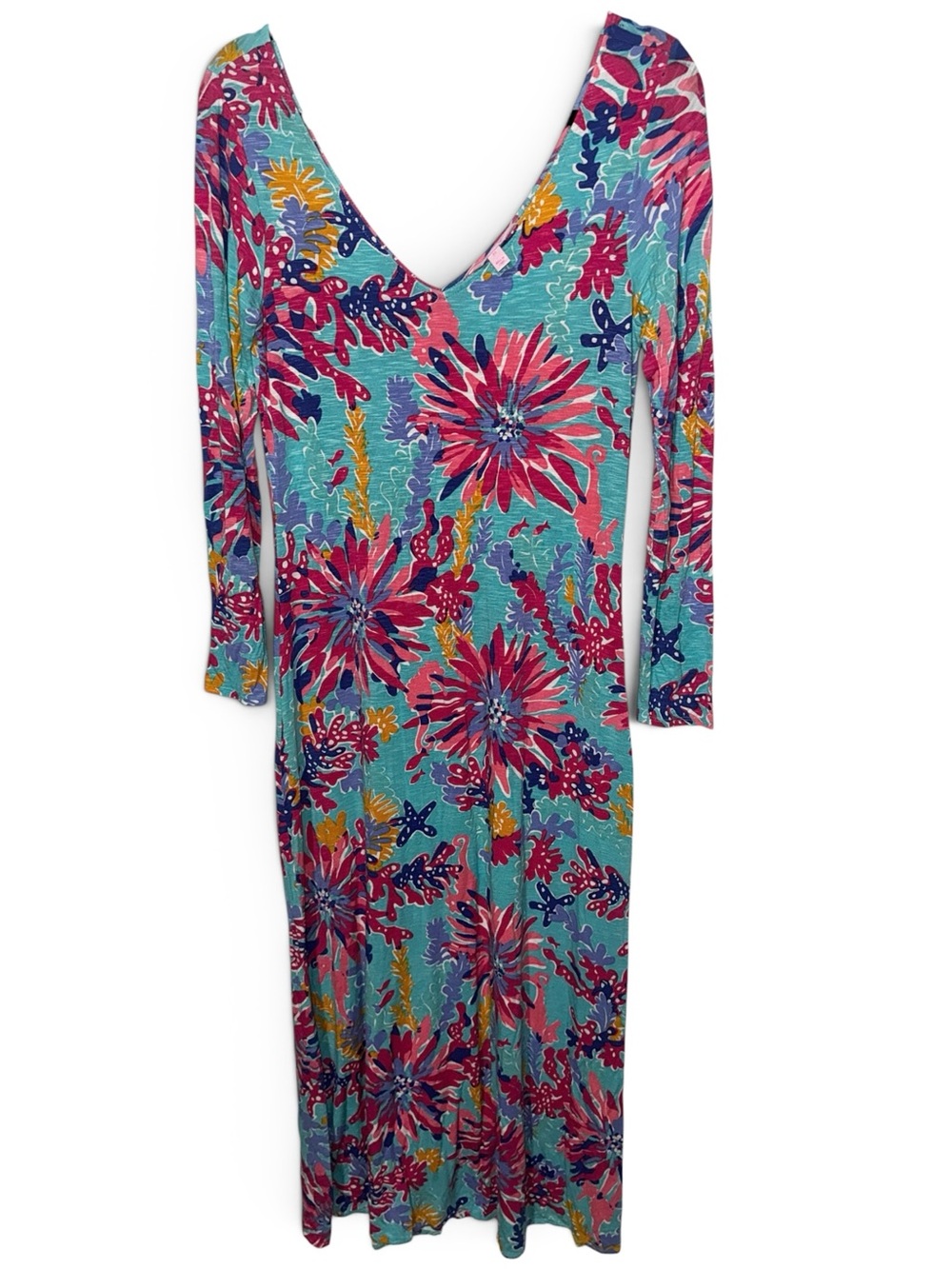 Lilly Pulitzer Dress Women M Turquoise Tropical Floral Print Long Sleeve Maxi